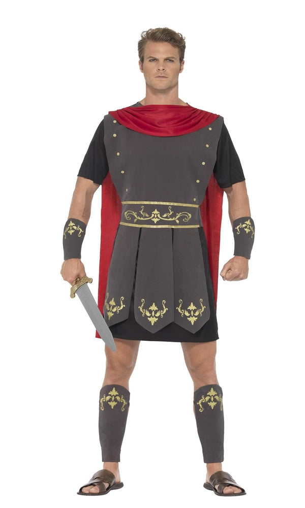 Roman champion costume with red cape and wrist and shin guards