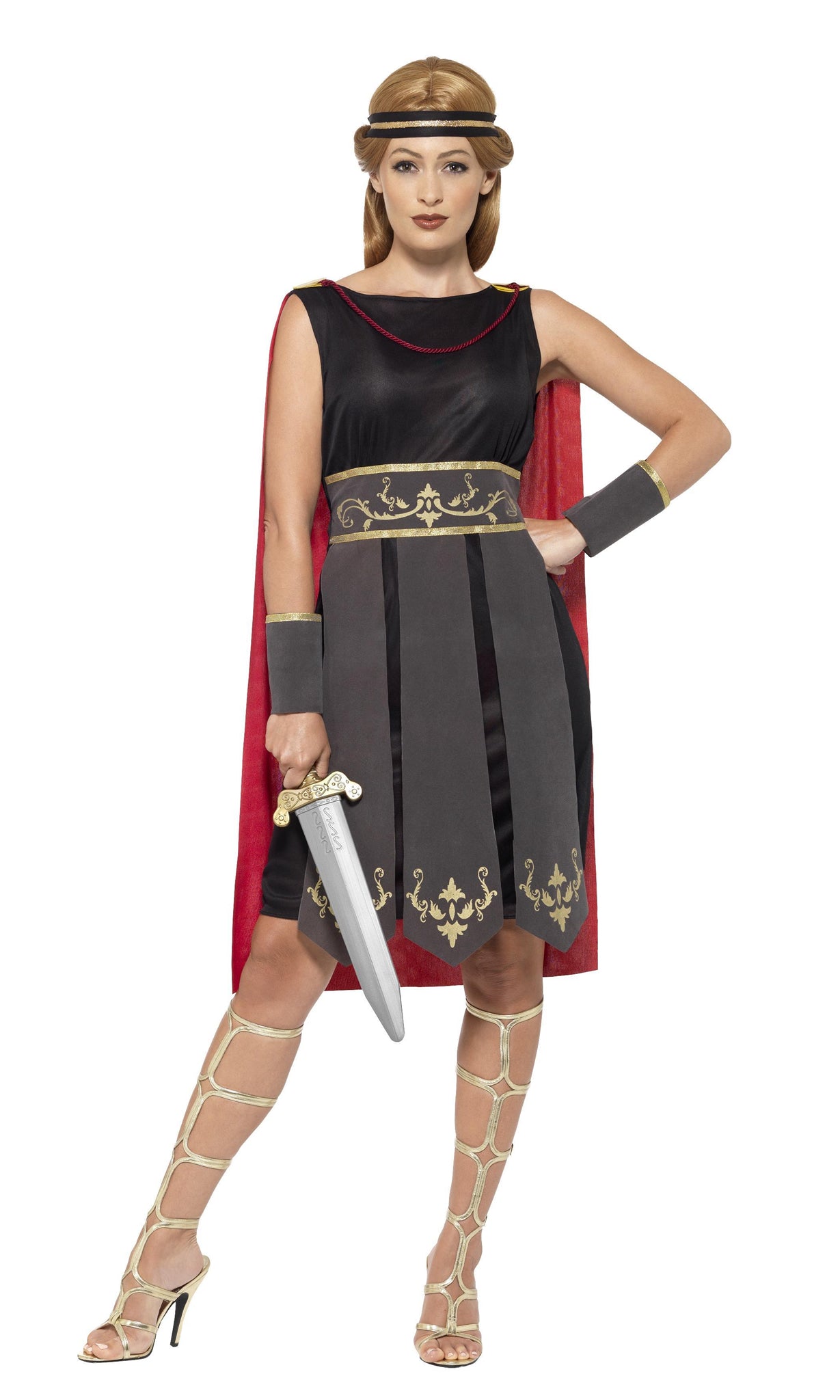 Roman woman's dress with red cape, arm cuffs and headband