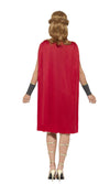 Back of Roman woman's dress with red cape, arm cuffs and headband