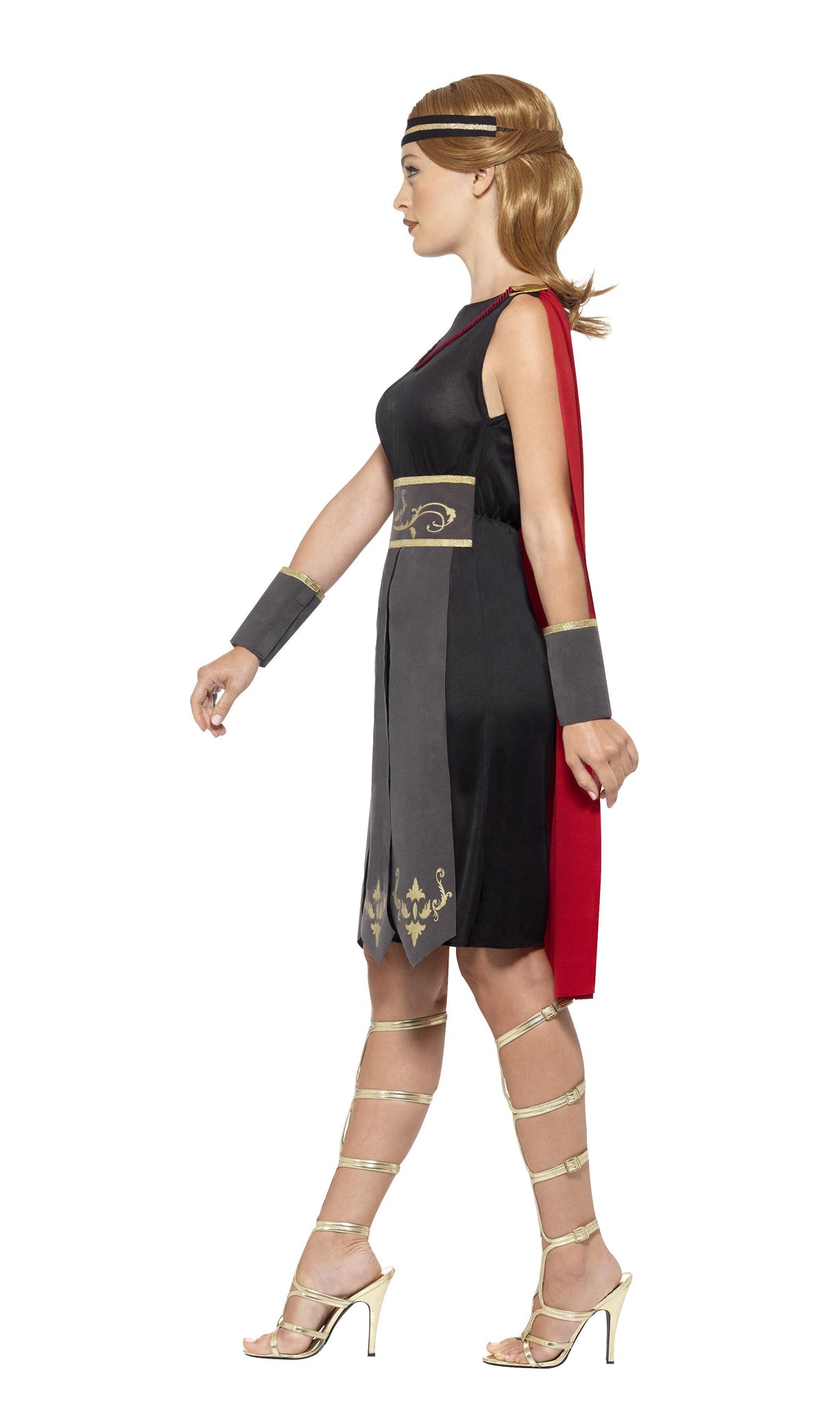 Side of Roman woman's dress with red cape, arm cuffs and headband