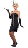 Short black tassel flapper dress with headpiece and gloves