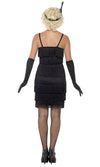Back of short black tassel flapper dress with headpiece and gloves