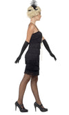 Side of short black tassel flapper dress with headpiece and gloves