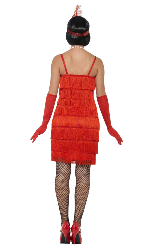 Back of short red tassel flapper dress with headpiece and gloves