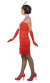Side of short red tassel flapper dress with headpiece and gloves