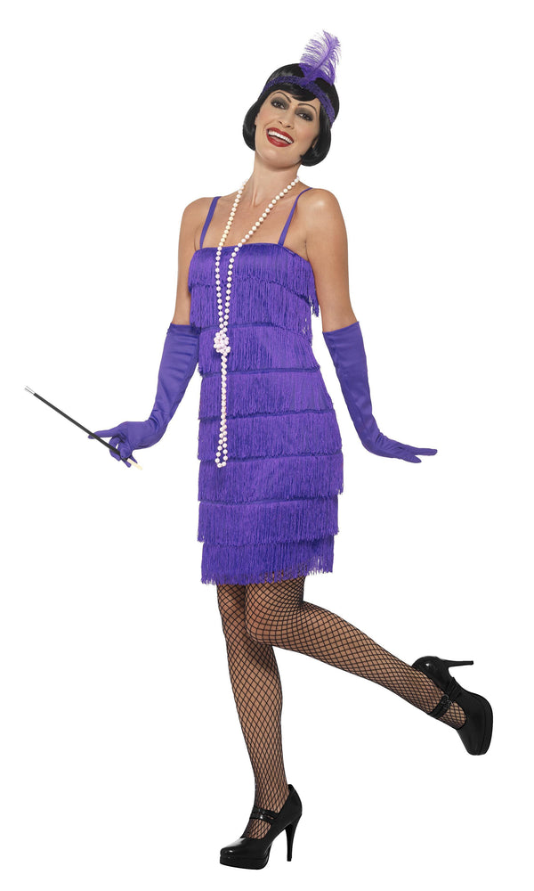 Short purple tassel flapper dress with headpiece and gloves