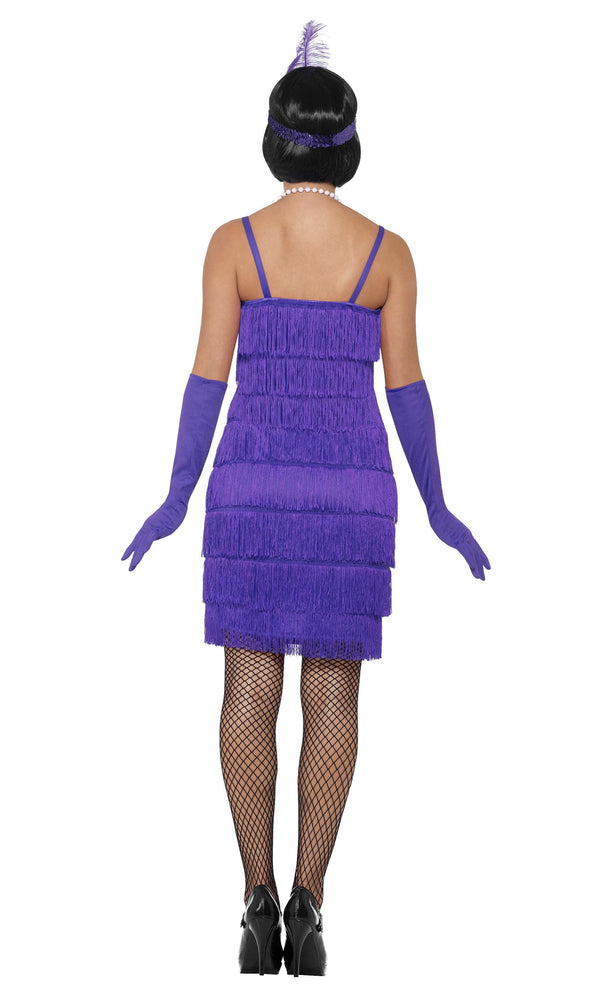 Back of short purple tassel flapper dress with headpiece and gloves
