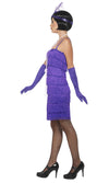 Side of short purple tassel flapper dress with headpiece and gloves