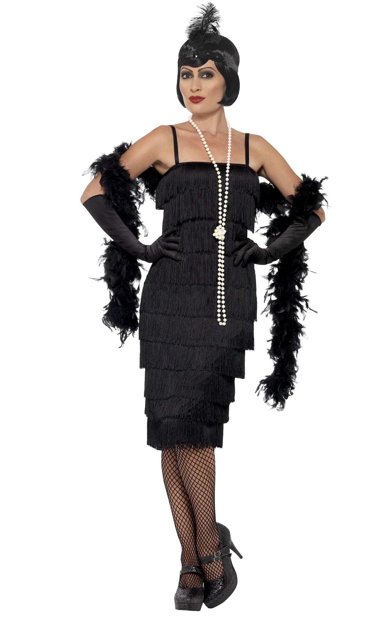 Long black tassel flapper dress with headpiece and gloves