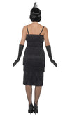 Back of long black tassel flapper dress with headpiece and gloves