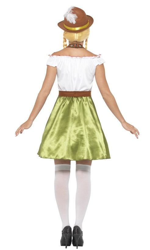 Back of green and white lace trim Oktoberfest dress with apron