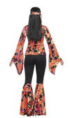 Back of women's hippy costume with flared pants and orange and pink 60s design