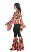 Side of women's hippy costume with flared pants and orange and pink 60s design