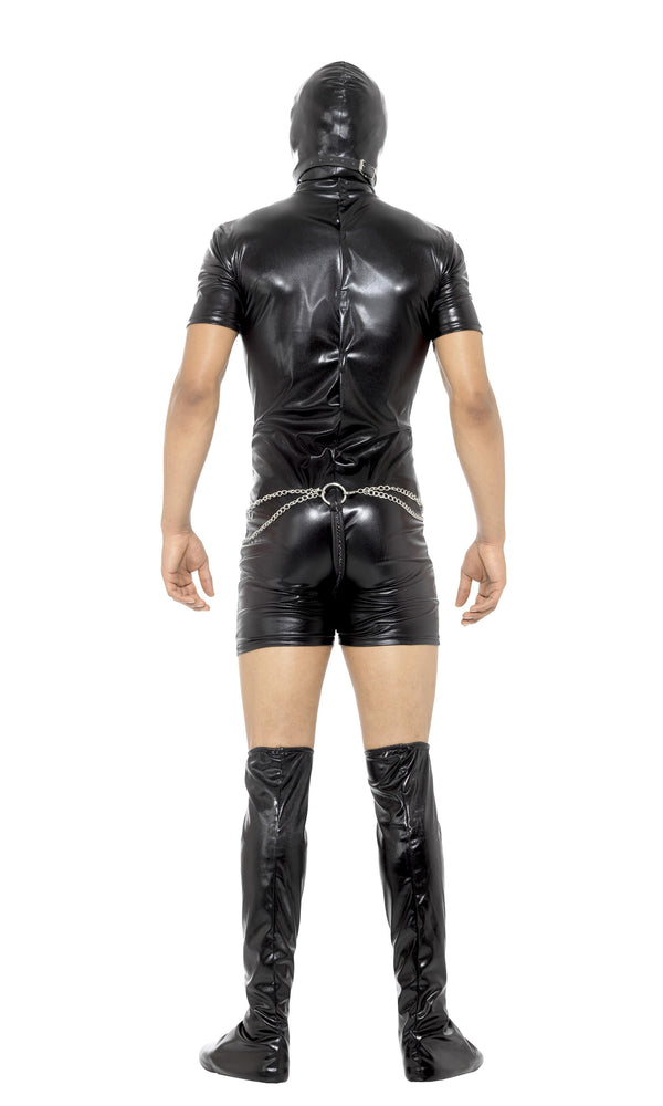 Short sleeve black bondage gimpsuit with boot covers, hood, thong chain and hood back image