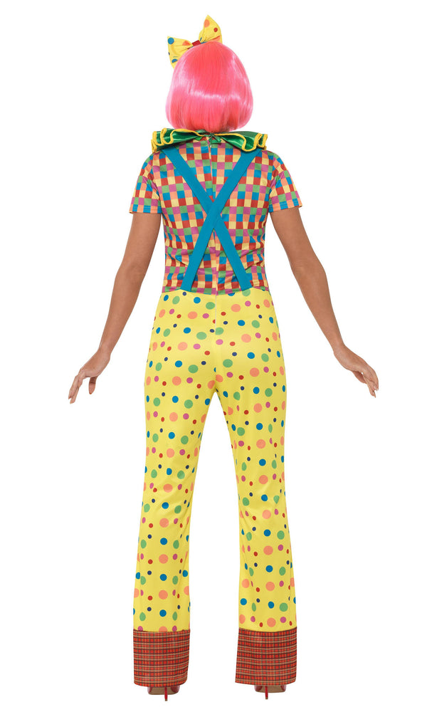 Back of women's multi coloured clown jumpsuit with hairbow