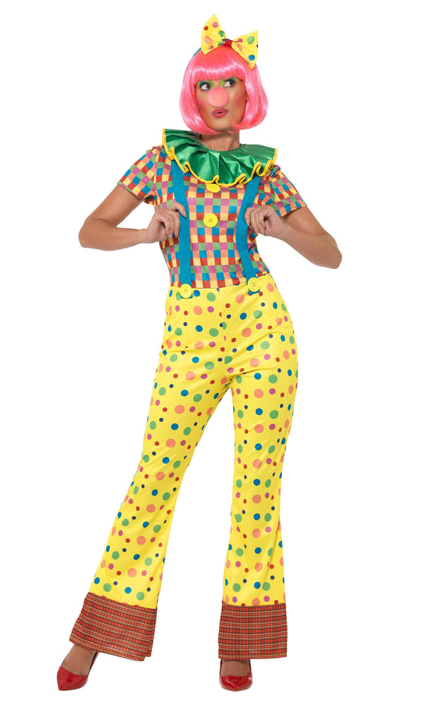 Women's multi coloured clown jumpsuit with hairbow
