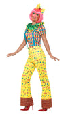 Side of women's multi coloured clown jumpsuit with hairbow