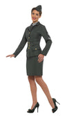 Side of WW2 Army girl costume in green with hat, mock shirt front and tie