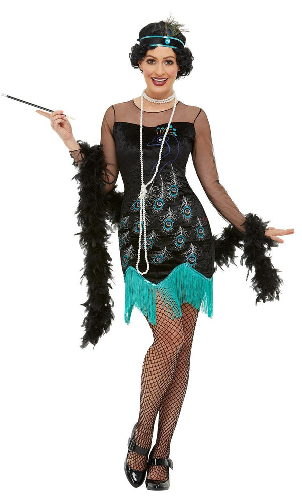 1920s peacock flapper dress with matching headband