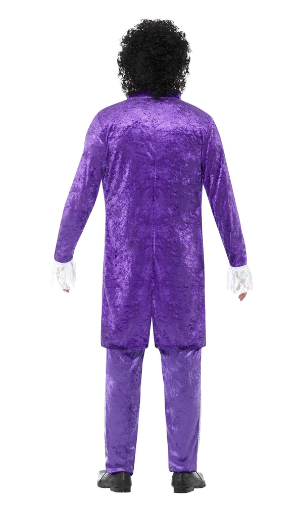 Back of purple Prince costume with pants and jacket with lace cuffs and jabot 