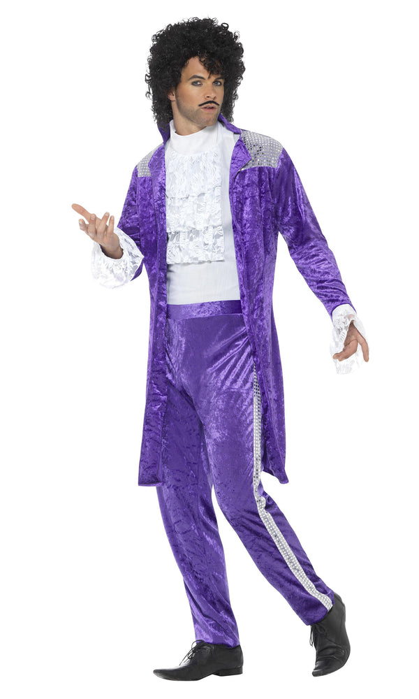 Purple Prince costume with pants and jacket with lace cuffs and jabot , side view