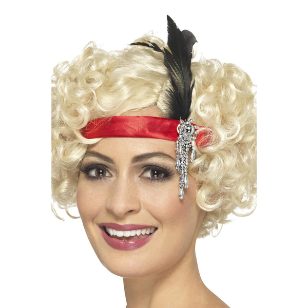 Red flapper headband with feather