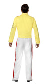 Back of Freddie Mercury costume with yellow jacket and white pants with red and gold stripe