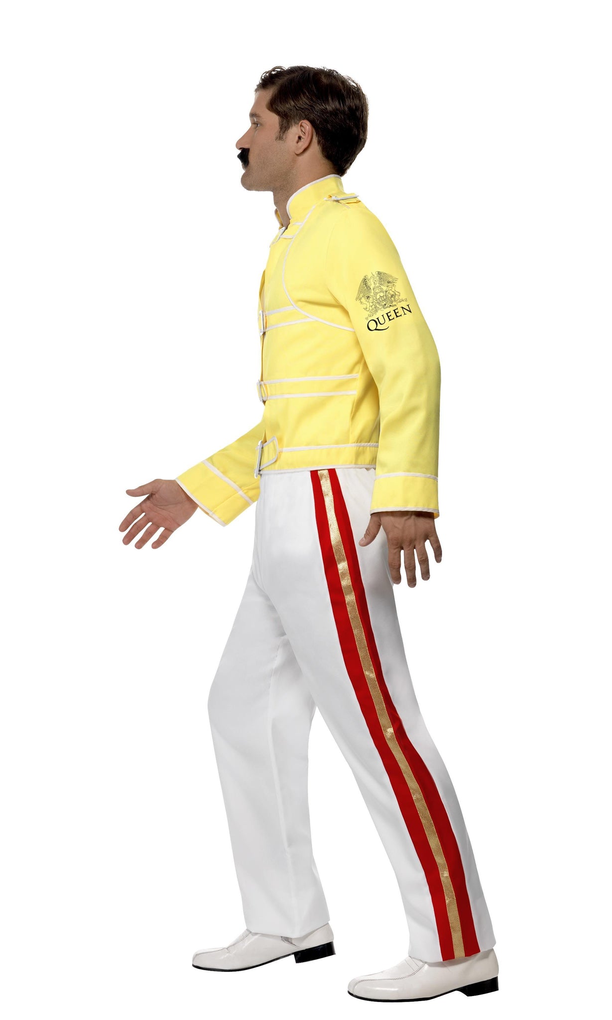 Side of Freddie Mercury costume with yellow jacket and white pants with red and gold stripe