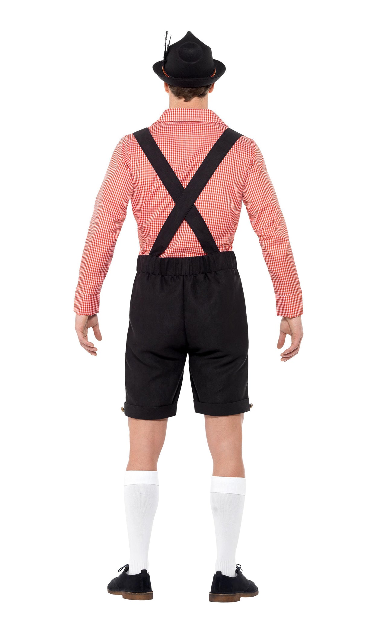 Back of men's Beerfest red shirt with black shorts and braces