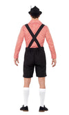 Back of men's Beerfest red shirt with black shorts and braces