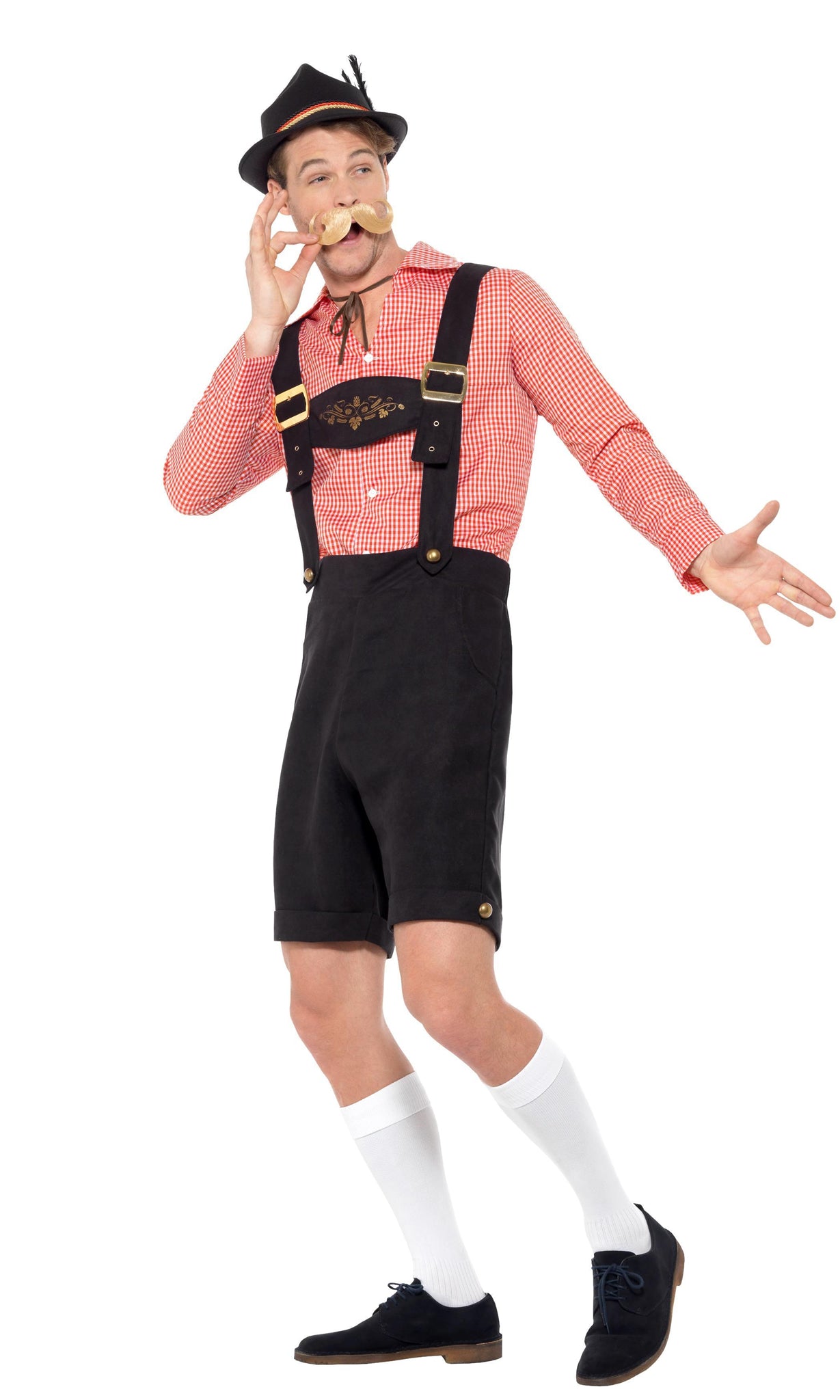 Side of men's Beerfest red shirt with black shorts and braces