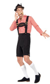 Side of men's Beerfest red shirt with black shorts and braces
