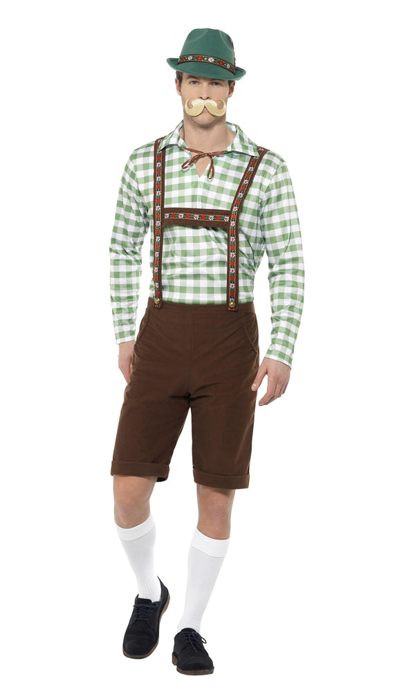 Oktoberfest style brown lederhosen with green and white shirt