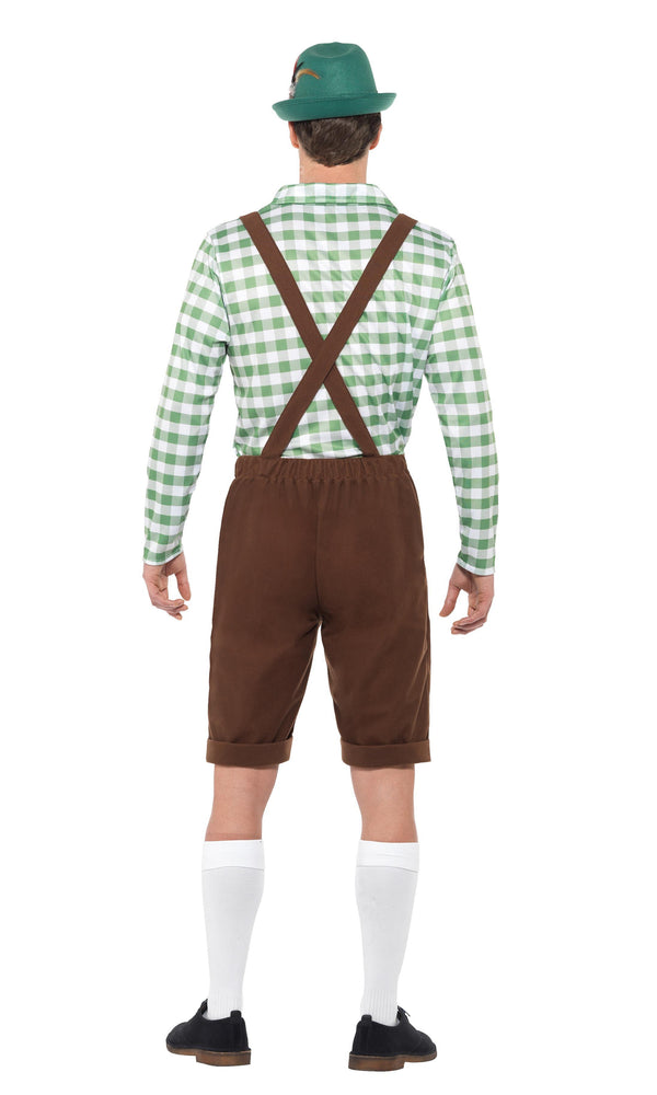 Back of Oktoberfest style brown lederhosen with green and white shirt