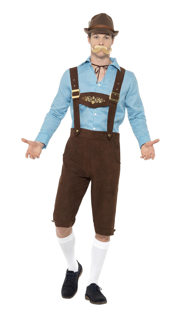 Men's Oktoberfest brown shorts with braces and blue shirt