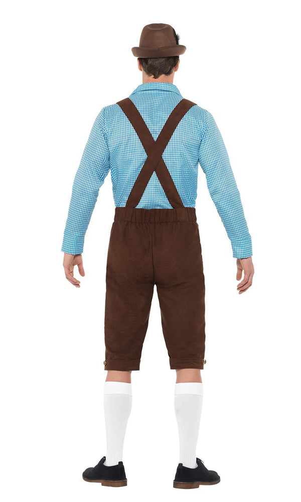 Back of men's Oktoberfest brown shorts with braces and blue shirt