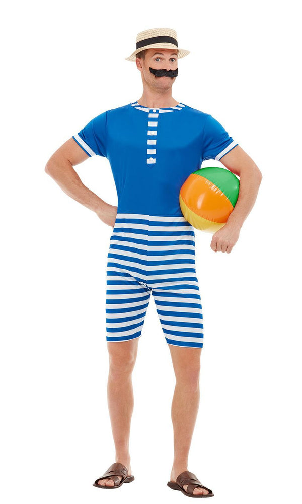 Blue and white striped men's 20s bathing jumpsuit with hat