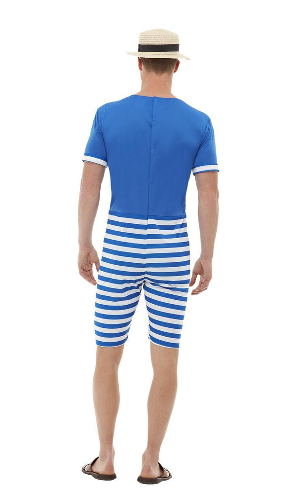 Back of blue and white striped men's 20s bathing jumpsuit with hat