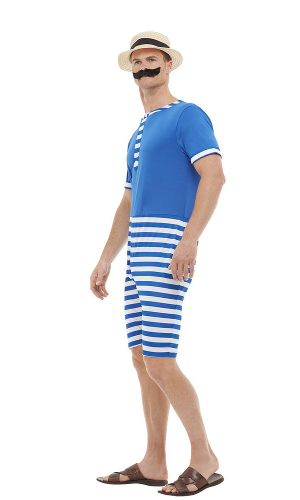Side of blue and white striped men's 20s bathing jumpsuit with hat
