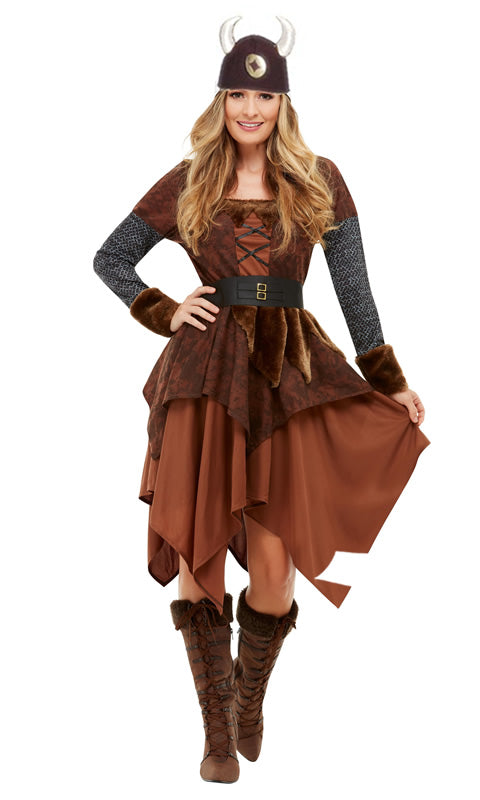 Brown Viking woman dress with hat