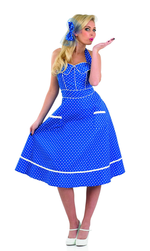 1950s blue dress with white dots