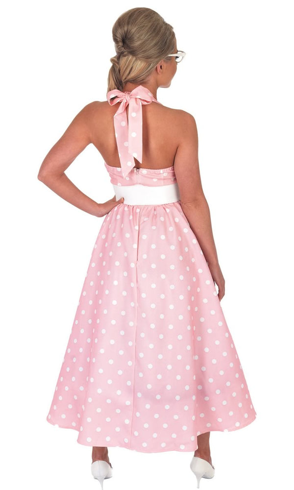 Back of long pink 50s costume dress with white dots, belt and flower
