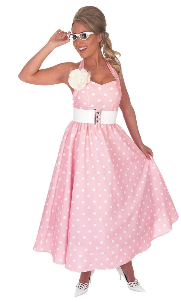 Long pink 50s costume dress with white dots, belt and flower