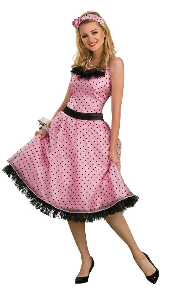 1950s pink prom dress with black dots and matching headband