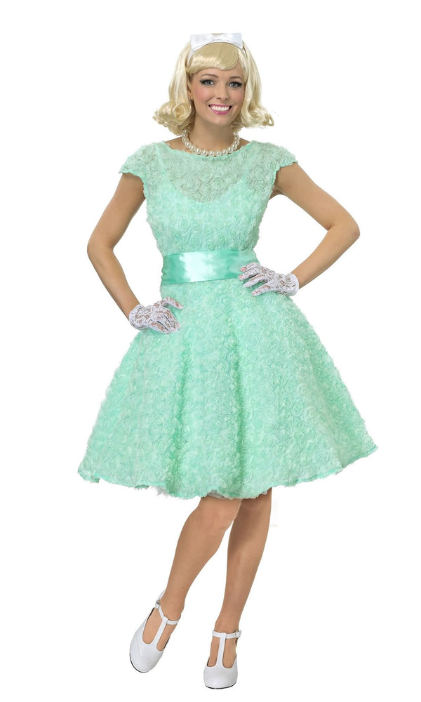 50s green prom dress with lace gloves and petticoat