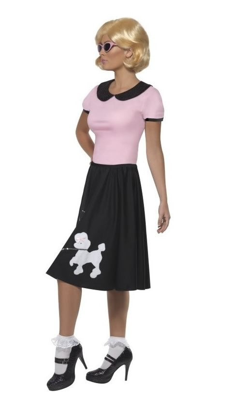 Side of pink 1950s top with black skirt with poodle print