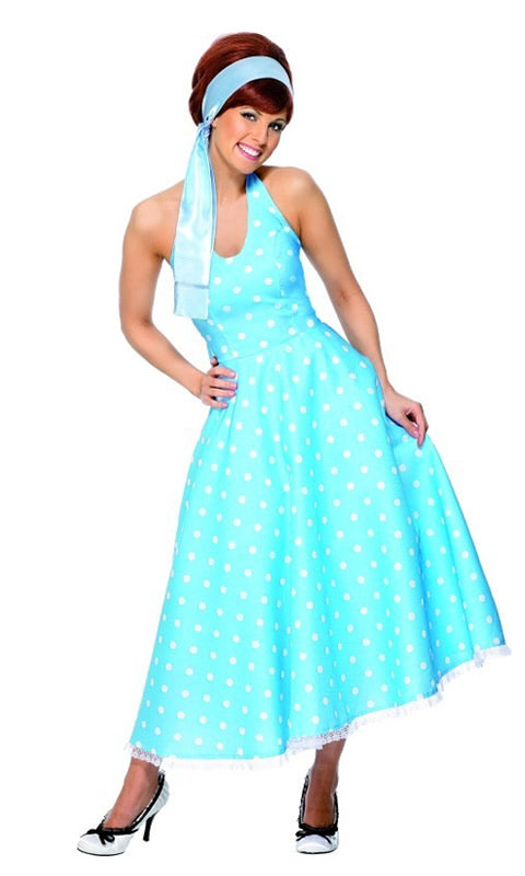 Blue 1950s lady dress with white dots and blue headband