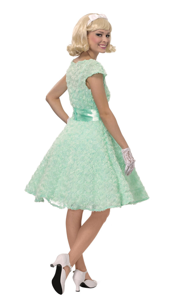 50s green prom dress with lace gloves and petticoat