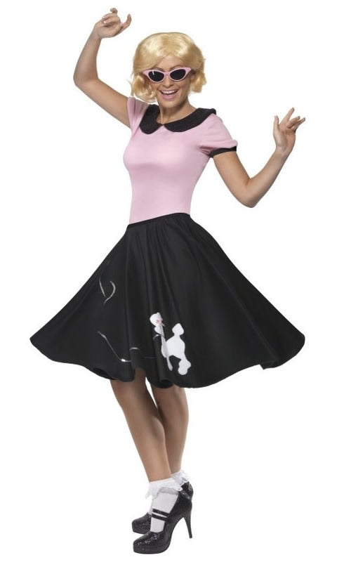Pink 1950s top with black skirt with poodle print