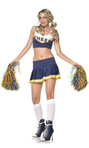 Cheerleader costume with cropped top, short pleated skirt, pom poms and cheer text